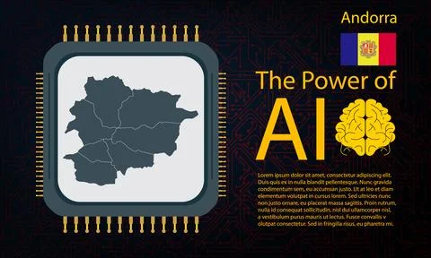 Andorra map with microchip war and AI concept on circuit board, Power of AI.. Ilustração Stock