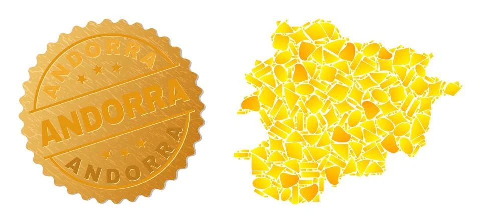 Andorra Map Mosaic of Gold Elements and Metallic Andorra Seal Stock Illustration