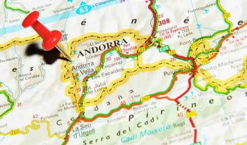 Andorra marked with red pushpin on map Stock Photos