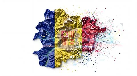 Andorra national flag map dissolving into abstract digital particles and ge.. Stock Illustration