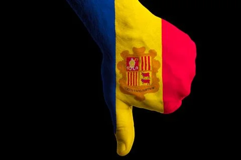Andorra national flag thumb down gesture for failure made with hand Stock Photos