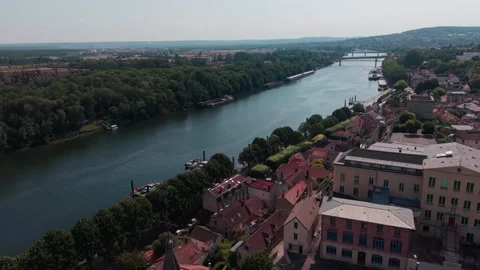 Andresy Riverside and Saint Germain Church Aerial Stock Footage 343092490
