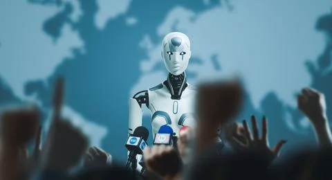 Android AI robot speaking at the press conference Stock Photos