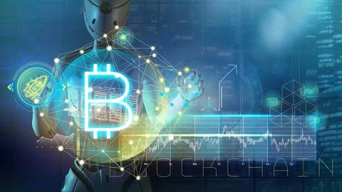 Android and bitcoin holographic panel, 3D render Ilustração Stock