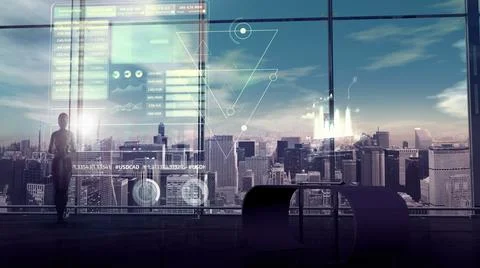 An android and hologram of stock data, 3D render. 스톡 일러스트