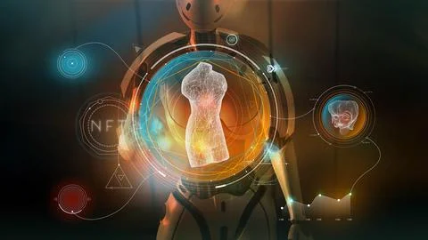 Android and virtual infographics about NFT, 3D render Stockillustratie