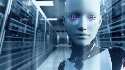 Android Artificial Intelligence in Server Room Illustrazione stock