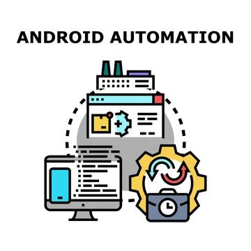 Android automation concept demonstrating software development and productio.. 库存插图