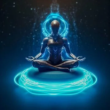 Android bei einer schwebenden Meditation, Yoga Position, Generative AI And... Foto stock