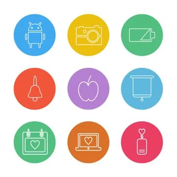 Android , camera , battery , bell , apple , board , celender , laptop , eps i Stock Illustration