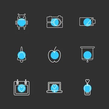 Android , camera , battery , bell , apple , board , celender , laptop , eps i Stock Illustration