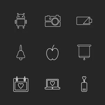 Android , camera , battery , bell , apple , board , celender , laptop , eps i Stock Illustration