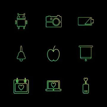 Android , camera , battery , bell , apple , board , celender , laptop , eps i Stock Illustration