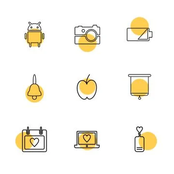 Android , camera , battery , bell , apple , board , celender , laptop , eps i Stock Illustration