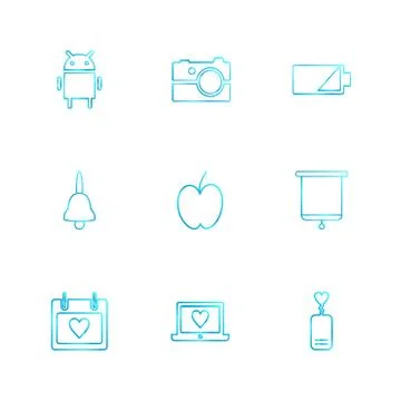 Android , camera , battery , bell , apple , board , celender , laptop , eps i Stock Illustration