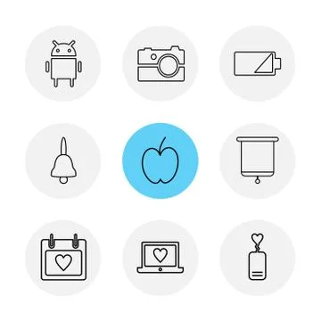 Android , camera , battery , bell , apple , board , celender , laptop , eps i Stock Illustration