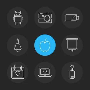 Android , camera , battery , bell , apple , board , celender , laptop , eps i Stock Illustration
