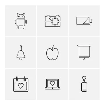 Android , camera , battery , bell , apple , board , celender , laptop , eps i Stock Illustration