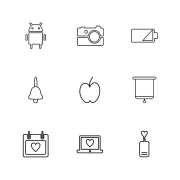 Android , camera , battery , bell , apple , board , celender , laptop , eps i Stock Illustration