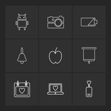 Android , camera , battery , bell , apple , board , celender , laptop , eps i Stock Illustration