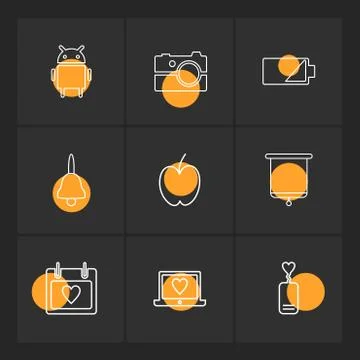 Android , camera , battery , bell , apple , board , celender , laptop , eps i Stock Illustration