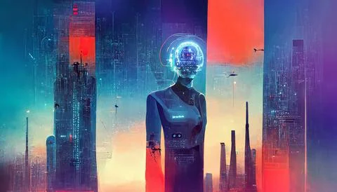 Android with Colorful Glowing Head and Futuristic City Background Stock Illustration
