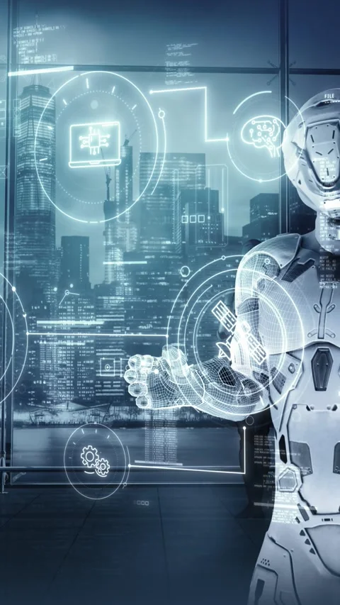 An android engaging with interactive virtual screen. Stock Footage 326617671