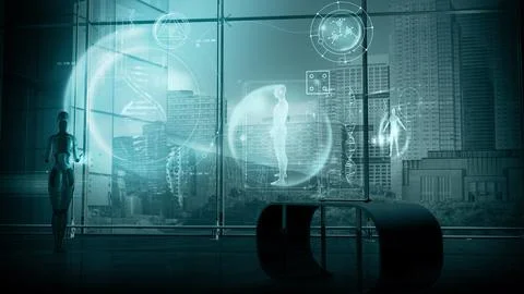 An android examines the data on the structure of the DNA, 3D render. Stock Illustration