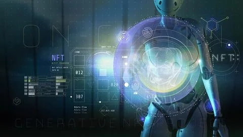 Android examines infographics about NFT, 3D render Illustrazione stock