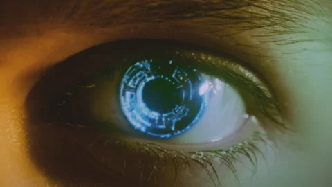 Android eye with glowing cybernetic iris. AI, artificial intelligence concept Stock Footage 246005114
