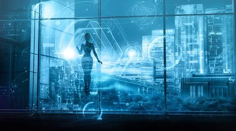 An android floating in the air is working with data, 3D render. Stock Illustration