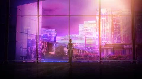 Android in front of a panoramic window overlooking the night city, 3D render. Stock Illustration