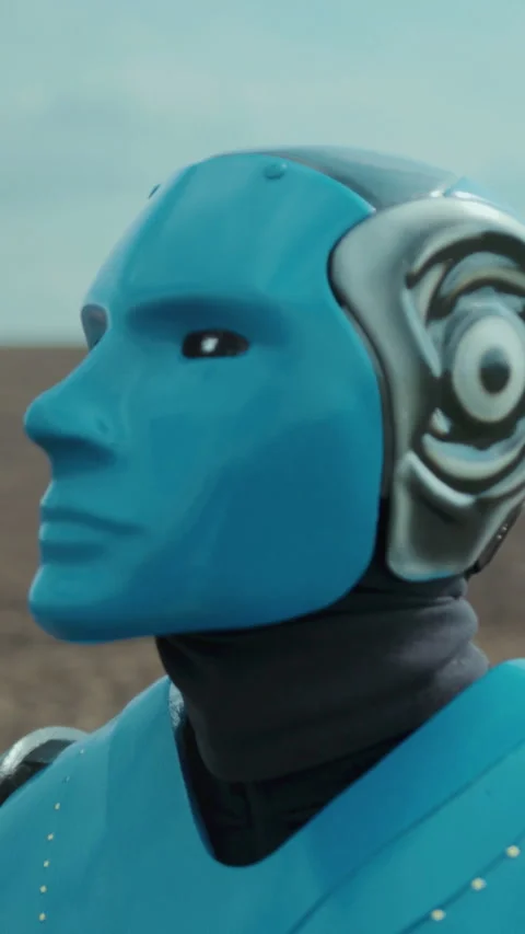 Android with glowing eyes and circuits, Robotic entity displaying lit eyes and Stock Footage 335795082