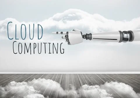 Android hand pointing and Cloud Computing text with clouds Ilustração Stock