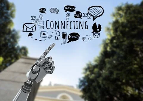 Android hand pointing and Connecting text with social media drawings graphics Stockillustratie