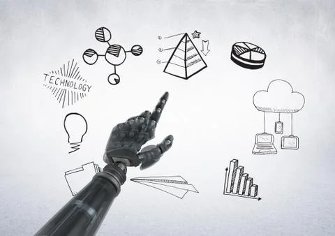Android hand pointing with business graphs and charts graphic drawings 스톡 일러스트