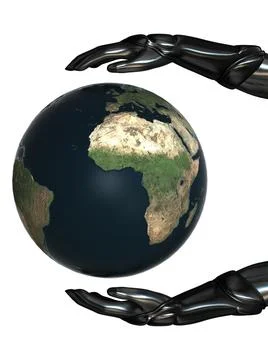 Android Hands Keep Earth Globe Safe 스톡 일러스트