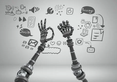 Android hands wonky stretching with social media graphic drawings Stock Illustration