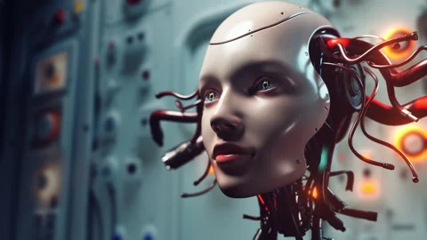 Android Head with Complex Wiring Details. AI Female Face, Connected to System Stock Footage 308950303