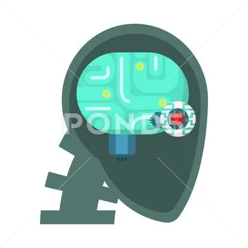 Android Head Cut Through With Electronic Eye And Brain Inside, Part Of Stock Illustration