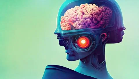 Android Head with Organic Brain and Glowing Red Eye Stock Illustration