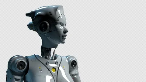Android lifts its head looking into the distance. The animation on artificial Stock Footage 228952606