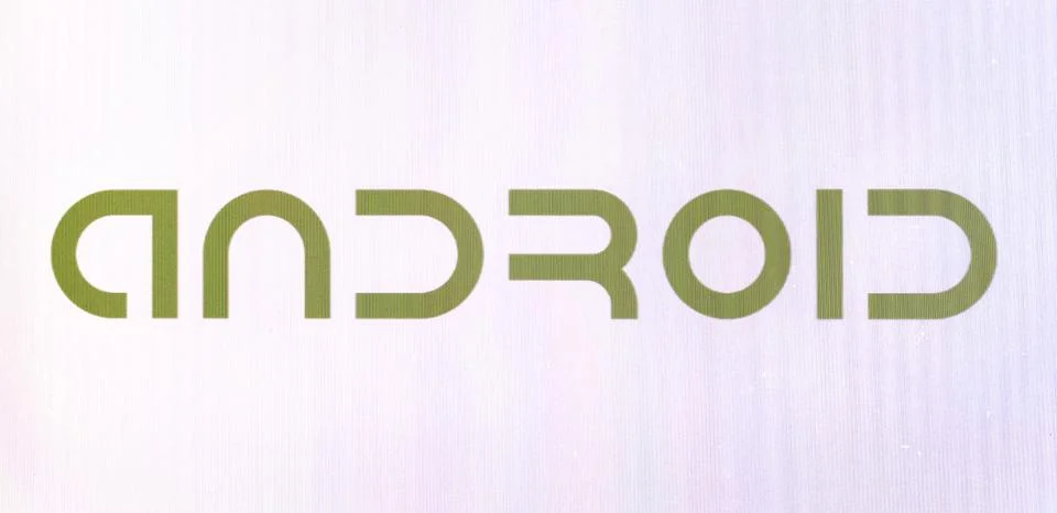 Android logotype on pc screen. Stock Photos