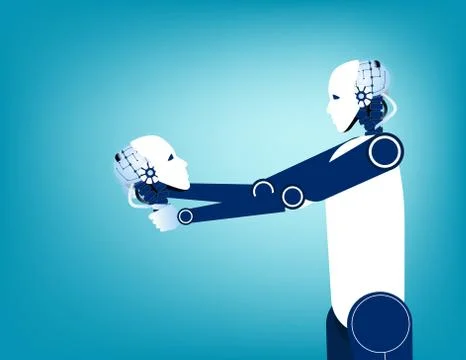 Android looking at robot skull in hand. Concept technology vector illustratio Stock Illustration