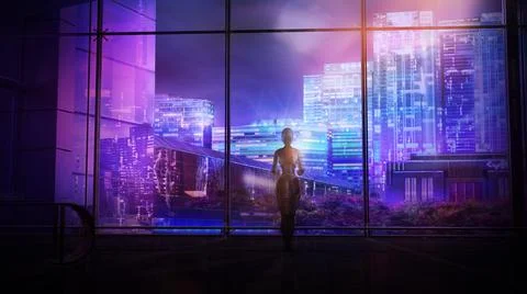 Android looks through the panoramic window at the night city, 3D render. Stock Illustration