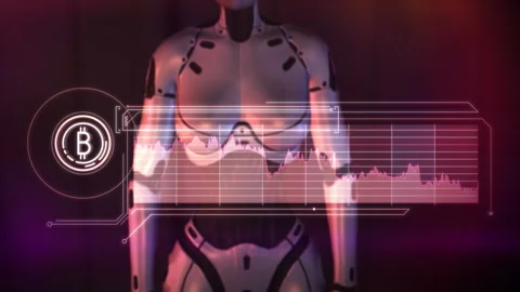 An android monitors the fall of bitcoin quotes on a virtual panel. Stock Footage 248562660