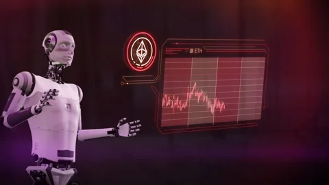 An android monitors the fall in the price of Ethereum on a virtual panel. Stock Footage 256593146