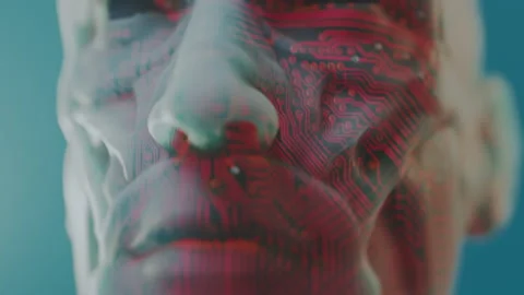 Android or cyborg with translucent skin and visible circuits. 3D cinematic sci Video stock 225333204