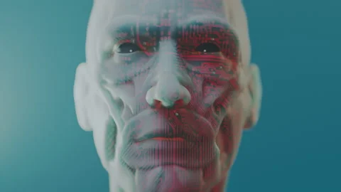 Android or cyborg with translucent skin and visible circuits. 3D cinematic sci Stock Footage 225333433