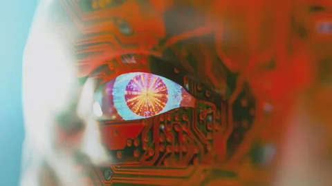 Android or cyborg with translucent skin, glowing eyes and visible circuits. 3D Stock Footage 225333992